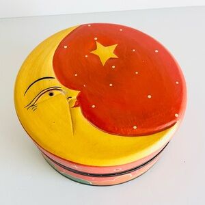 Vintage 90s Hand-Painted Wooden Moon Face Trinket Box 7”x3”